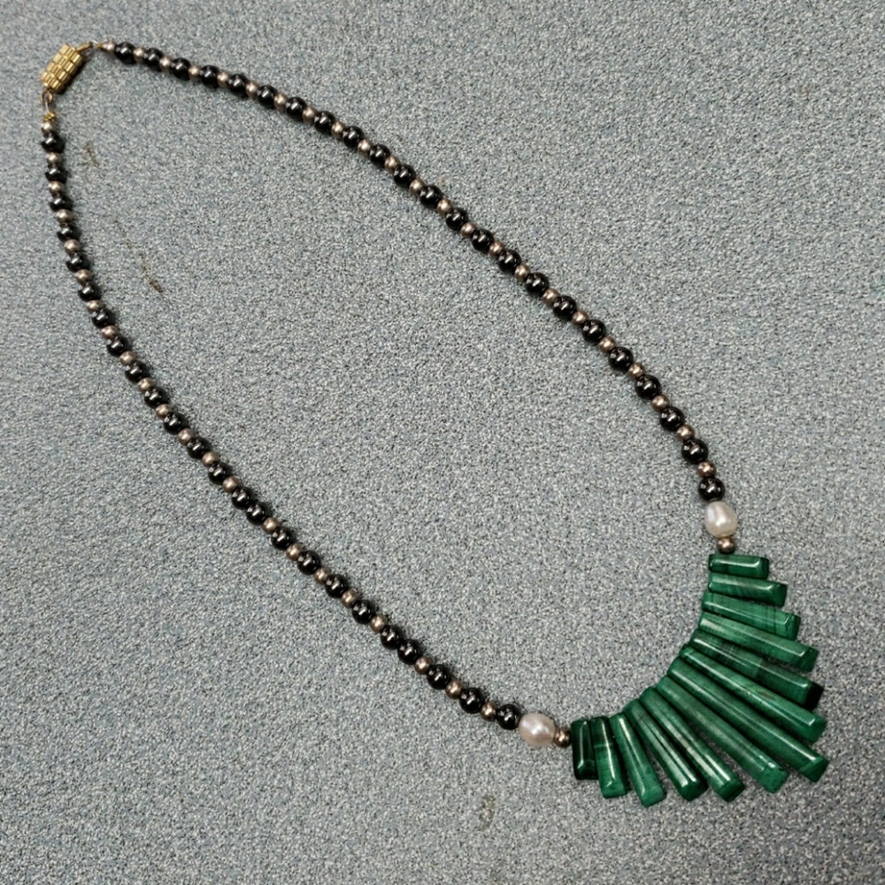 Hematite, Freshwater Pearl & Malachite Necklace